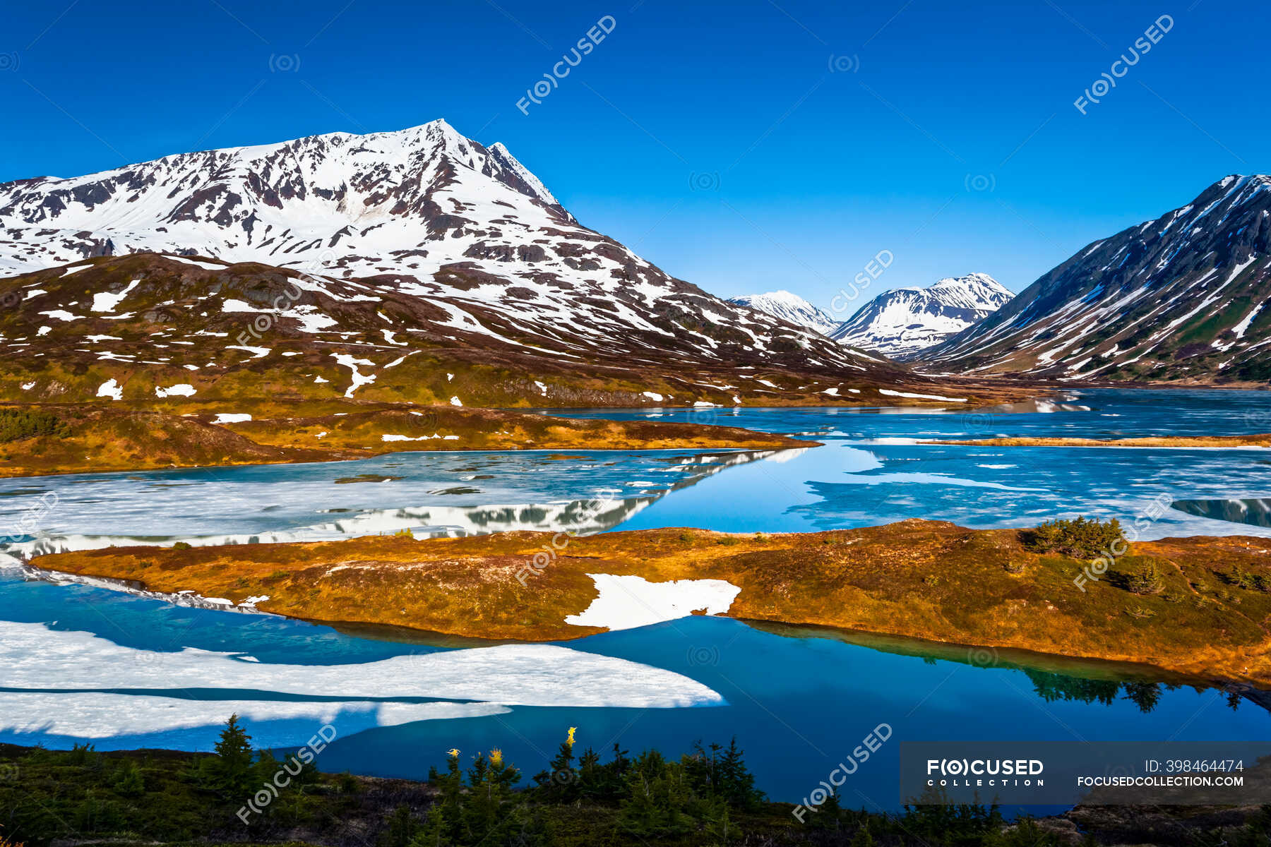 Mount Ascension and half frozen Lost Lake at sunrise, Chugach National