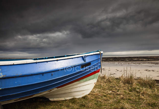 Barca a remi colorata sulla riva — Foto stock