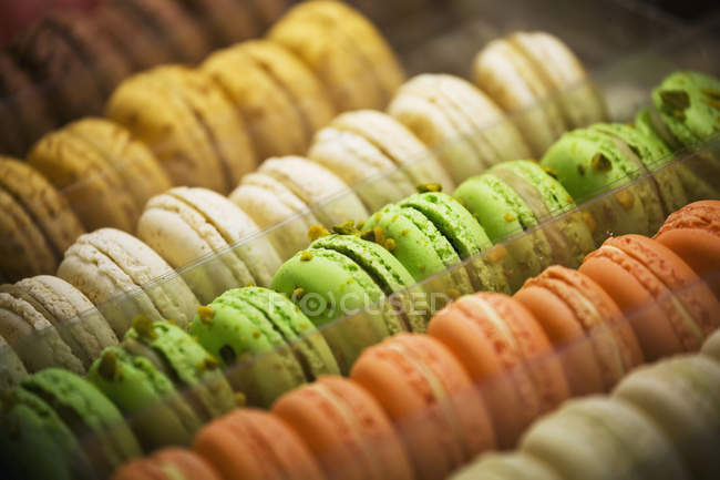 Close up of coloured macaroons in store window display — Stock Photo
