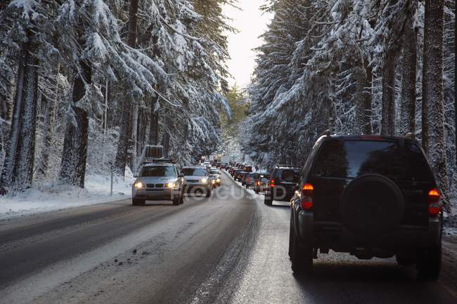 Traffico intenso e una tempesta di neve — Foto stock
