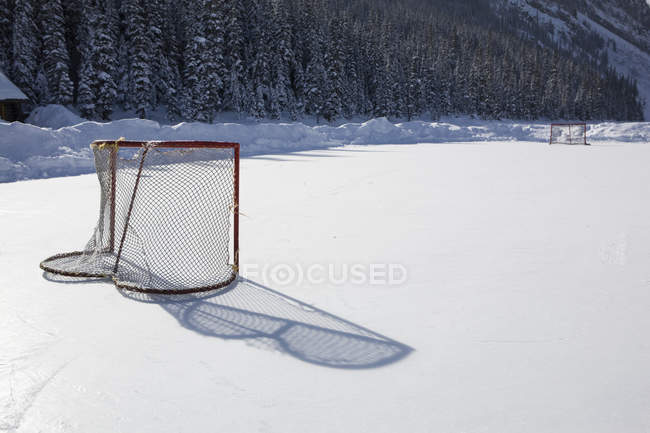 Hockey Net On Outdoor Ice Rink — Stock Photo