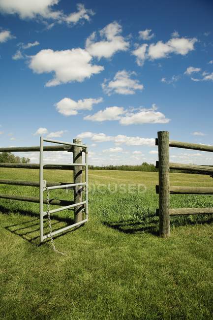 Portão aberto em uma fazenda — Fotografia de Stock