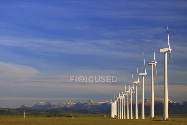 Fila de turbinas eólicas - foto de stock