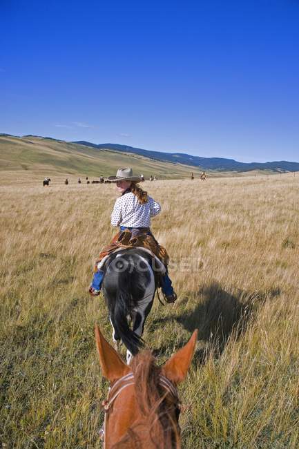 Mujer a caballo sobre el campo - foto de stock