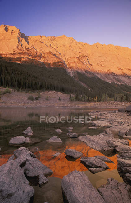 Ufer eines ruhigen Sees mit einem Berg im Rücken an einem klaren Tag, Medizin — Stockfoto