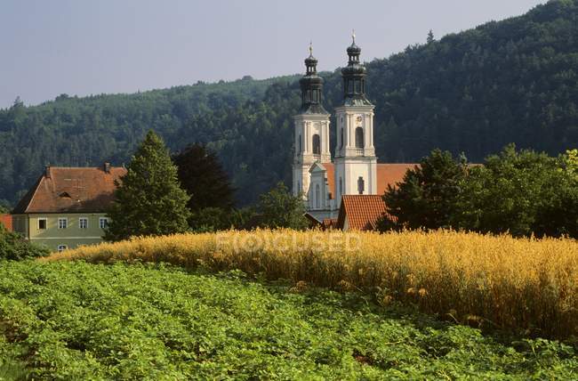 Монастир на полі з зеленою травою — стокове фото