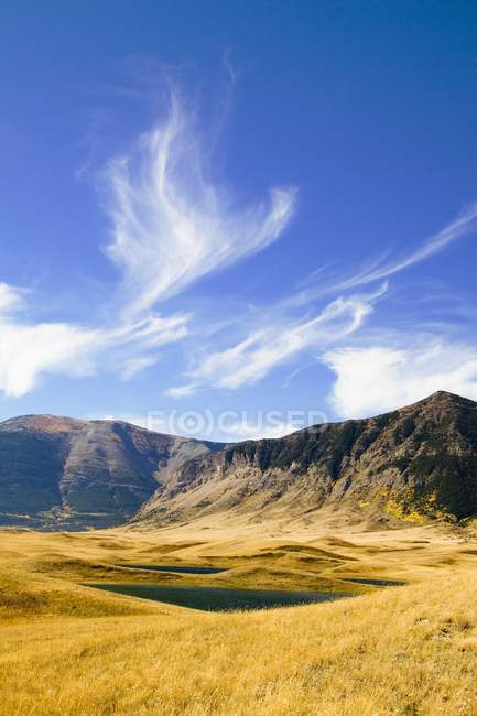 Picos de montaña con valle - foto de stock