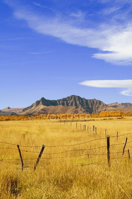 Ligne de clôture et montagne en automne — Photo de stock