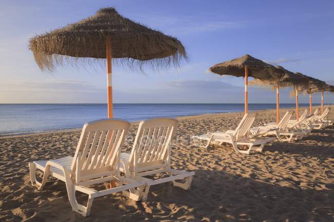 Зонтики и пляжные стулья — стоковое фото