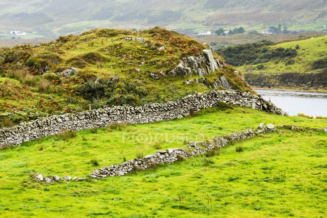 Clôture rocheuse dans le champ herbeux de colline — Photo de stock