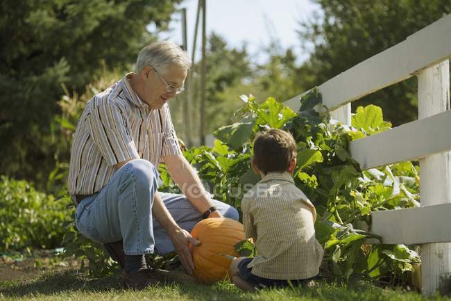 Grandfather And Grandson In  Garden — Stock Photo