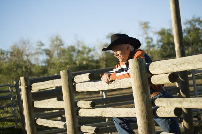 Ranchero apoyándose en un corral - foto de stock