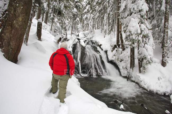 Людини, що стоїть в снігу на капот Національна лісова. Штат Орегон, США — стокове фото