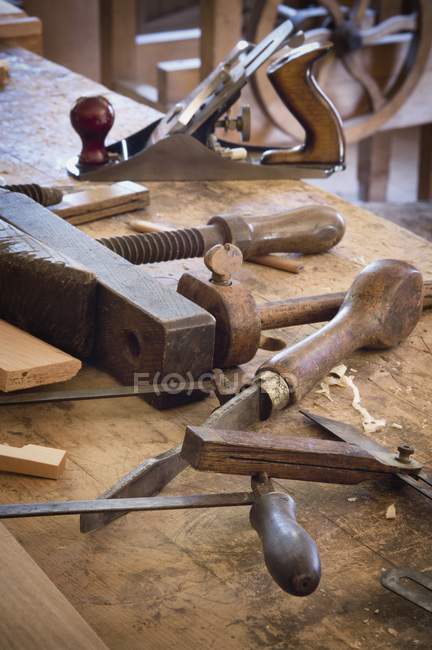Closeup antique woodworking tools. Fort Edmonton Alberta 