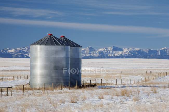 Зерновые силосы в зимнем поле — стоковое фото