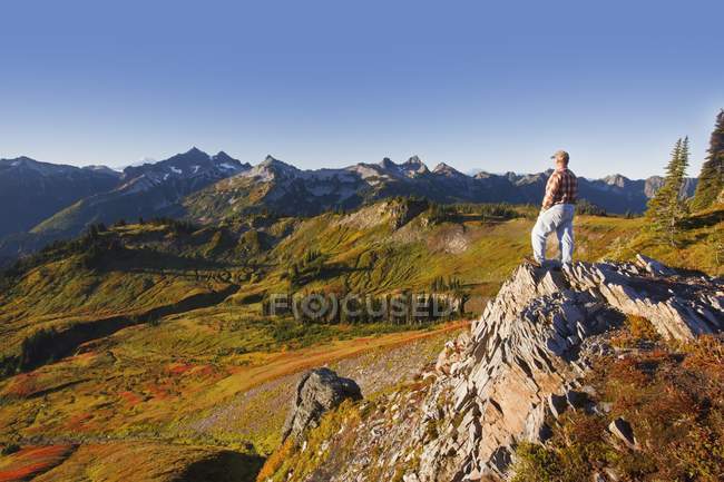 Senderista mirando las montañas Tatoosh - foto de stock