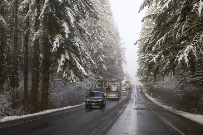 Автомобили на зимней дороге — стоковое фото