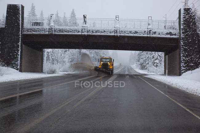 Frühlingsschnee an der Baumgrenze auf der Motorhaube mit einem Schneepflug auf der Straße; oregon, USA — Stockfoto
