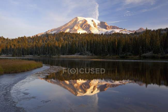 Mount Rainier In A Lake With Ice — Stock Photo