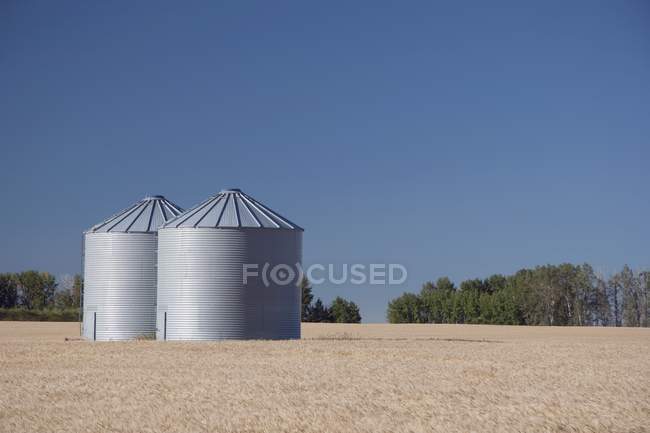 Alberta, Canada; Two Metal Grain Bins — Stock Photo