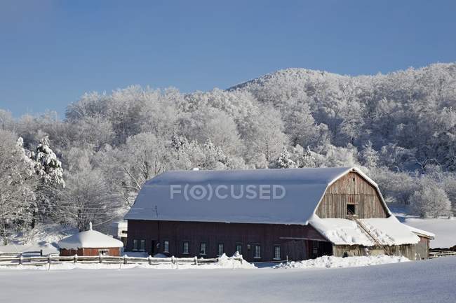 Дом и амбар зимой — стоковое фото