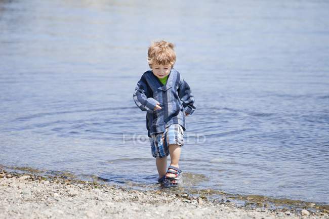Un ragazzo cammina nell'acqua lungo la riva; Victoria, British Columbia, Canada — Foto stock