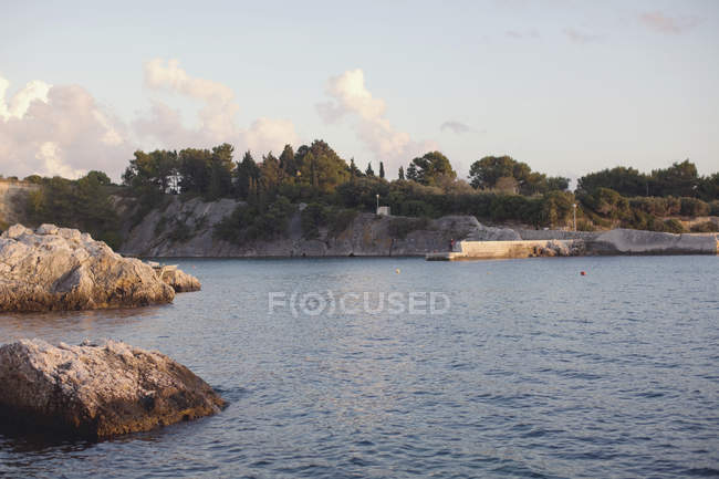 Rocce e alberi lungo la linea costiera — Foto stock
