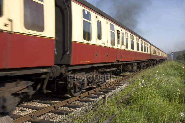 Train sur chemin de fer contre herbe — Photo de stock