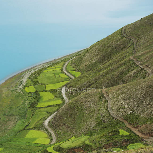 Paysage avec champs et route à travers les collines — Photo de stock