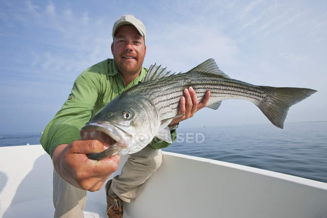 Man holding a fresh caught striped bass — Stock Photo