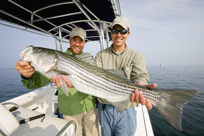 Two men holding a fresh caught striped bass — Stock Photo