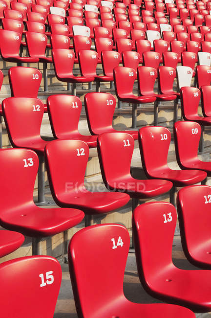 Asientos rojos en filas con números - foto de stock