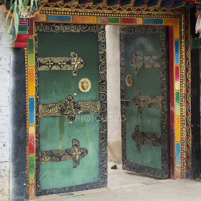 Орнаментальная зеленая дверь — стоковое фото