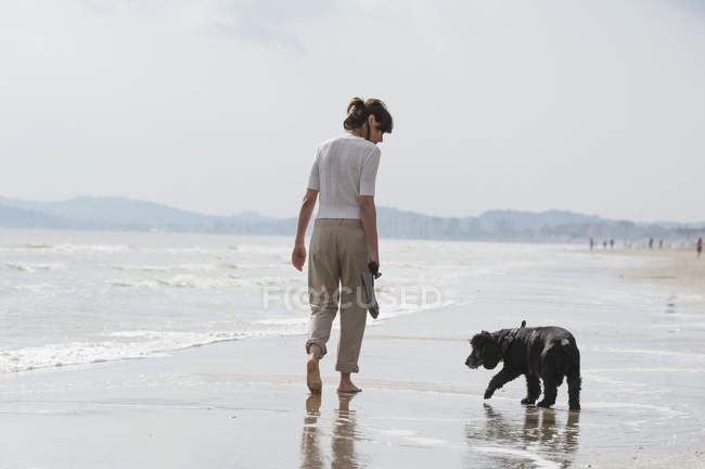 Uma mulher caminhando com seu cachorro na praia — Fotografia de Stock