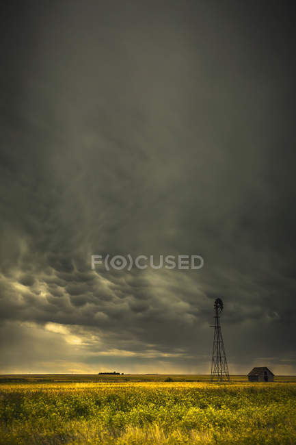 Mammatus nubes de tormenta por encima del molino de viento - foto de stock