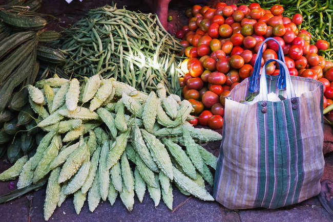 Assortment of vegetables and bag — Stock Photo