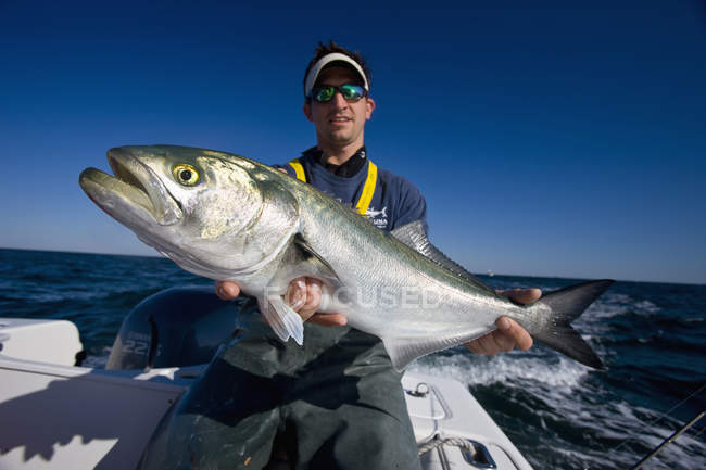 Uomo che detiene pesce fresco pescato blu — Foto stock