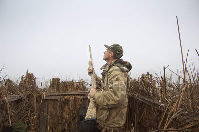 Un chasseur aveugle portant un camouflage et tenant un fusil ; Colusa, Californie, États-Unis d'Amérique — Photo de stock