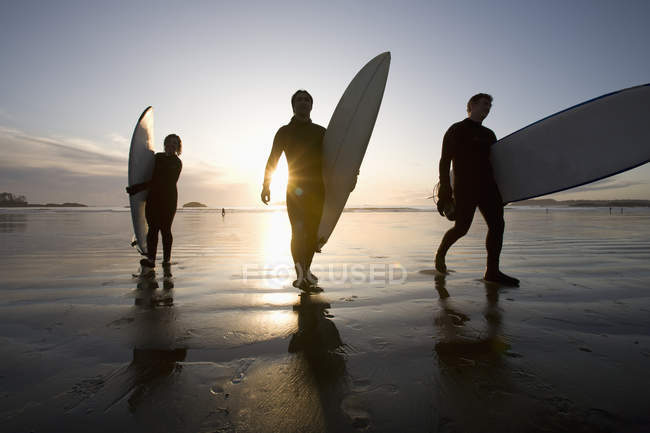 Silhueta de três surfistas transportando pranchas de surf — Fotografia de Stock