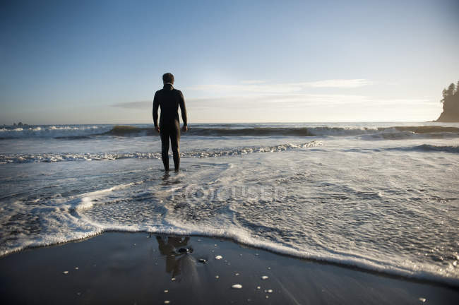 Silhouette di una persona in piedi su una spiaggia che guarda oltre l'oceano — Foto stock