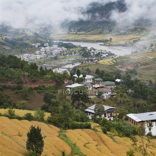 Вид на рисові тераси та будинки у долині — стокове фото