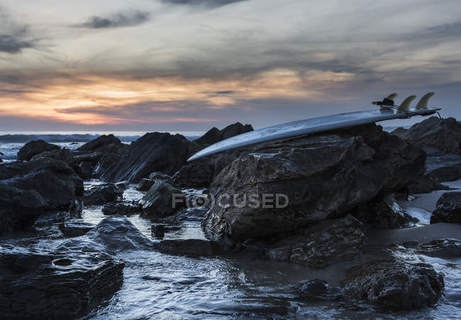 Planche de surf posée sur des rochers — Photo de stock