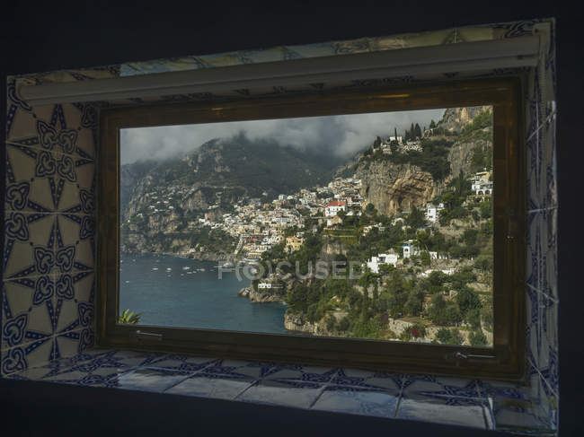 View out tile trimmed window — Stock Photo