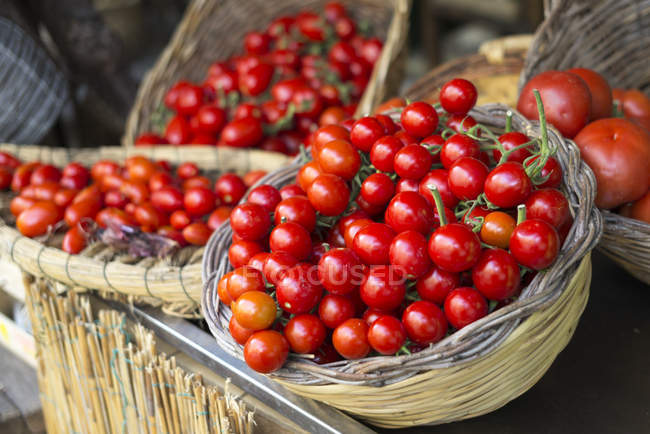 Leuchtend rote, reife Tomaten in Körben; Ischia, Kampanien, Italien — Stockfoto