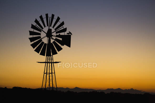 Moulin à vent sur le terrain au coucher du soleil — Photo de stock