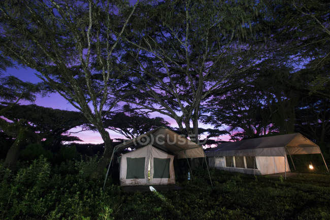 Safari camp tents at sunrise on the rim of Ngorongoro Crater; Tanzania — Stock Photo