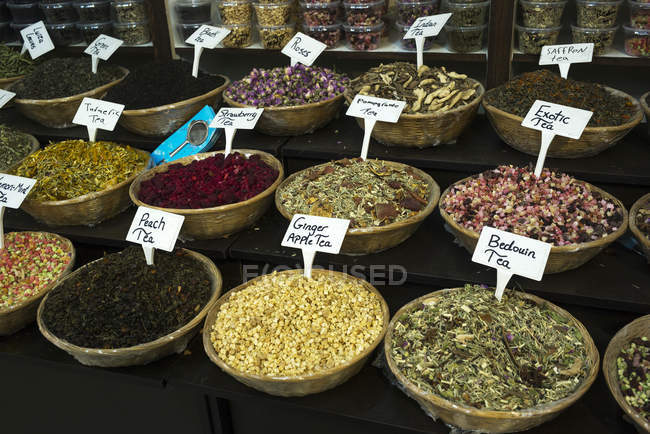 Variety of tea leaves for sale at the Arab Market in the Old City of Jerusalem; Jerusalem, Israel — Stock Photo