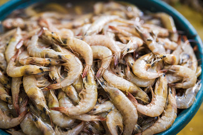 Crevettes fraîches à vendre dans un bol brun — Photo de stock
