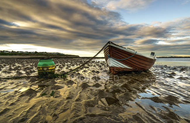 Деревянная лодка привязанная к берегу — стоковое фото