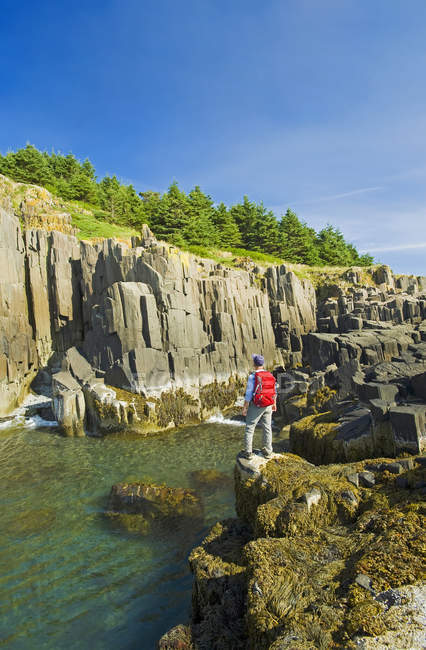 Hiker standibng along basalt — Stock Photo